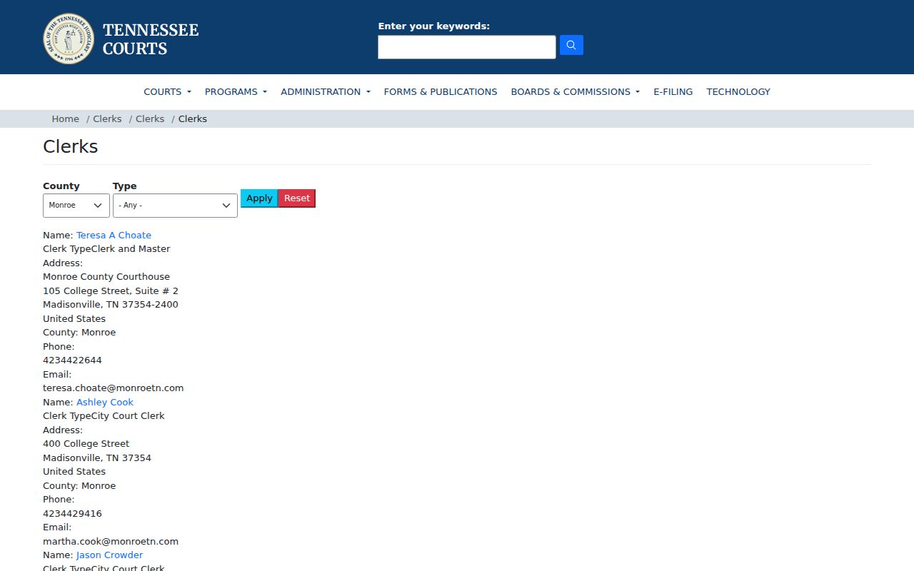 Monroe County municipal warrant records: state directory of county and city court clerks
