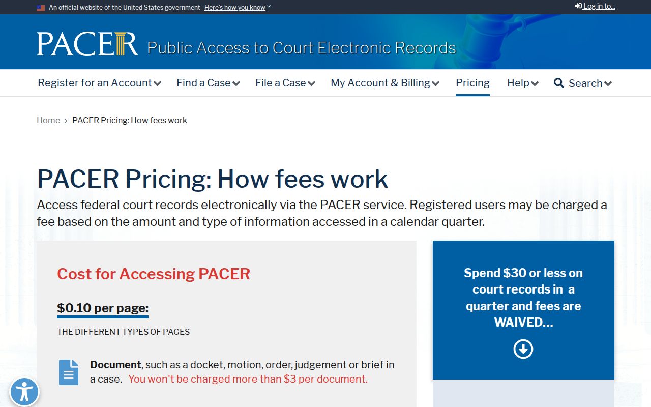 Monroe County warrant records: PACER federal public-access fee information